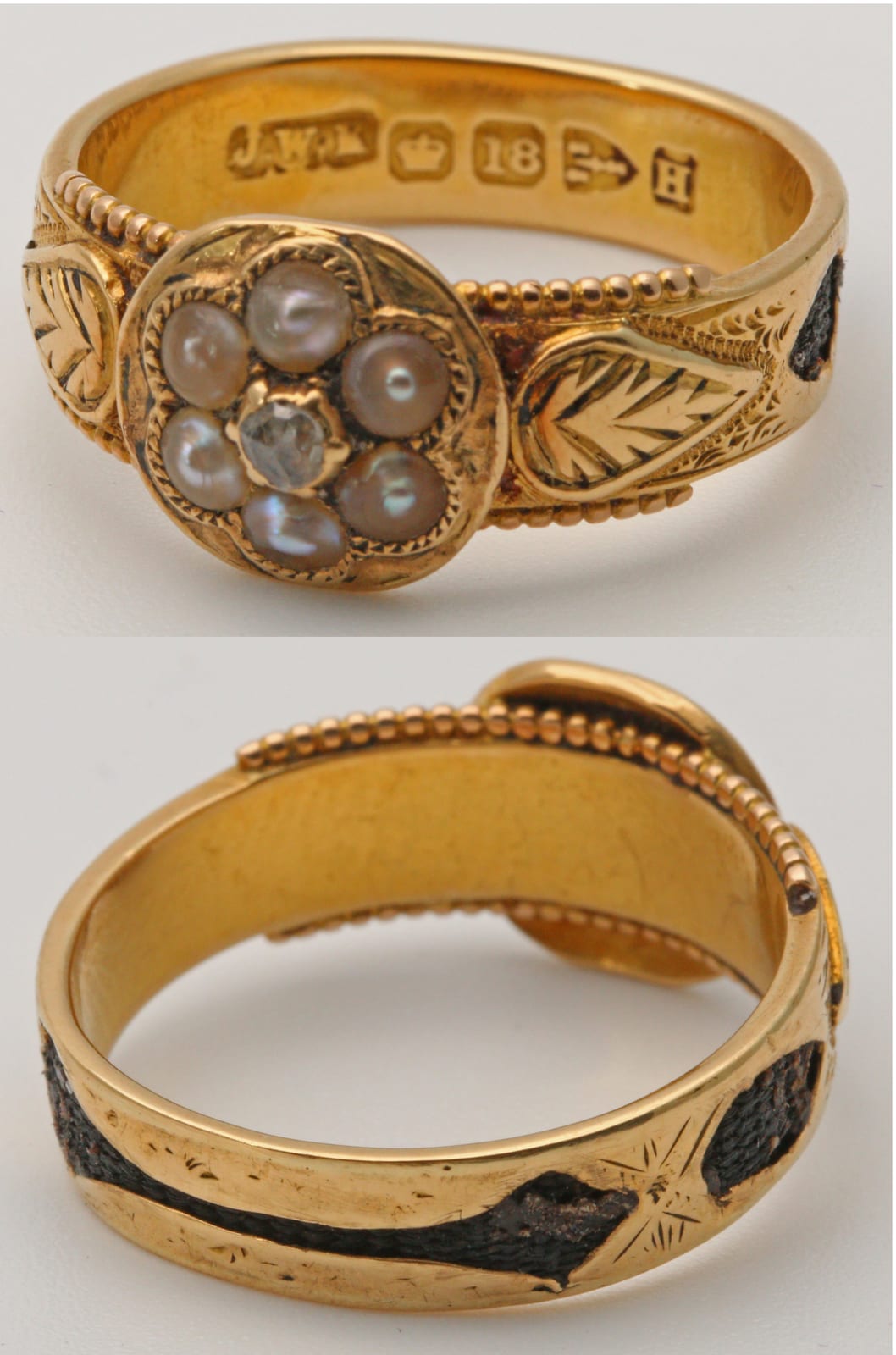 Maker's initials stamped first in the row of marks inside an 18-carat gold ring, Chester 1891