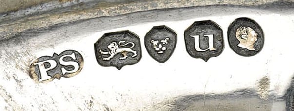 Maker's mark PS for Paul Storr, first in a row of London marks on a silver tray, 1835